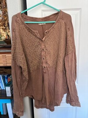 We The Free Brown Crochet Yoke Long Sleeve Tee